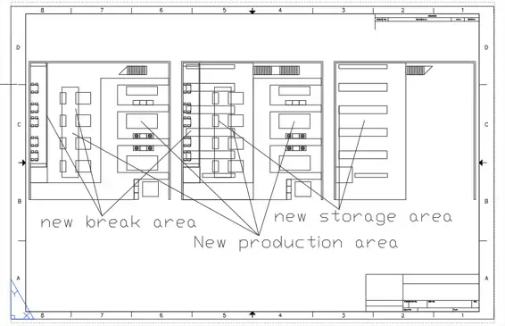 2D CAD Drawing of a factory floor plan