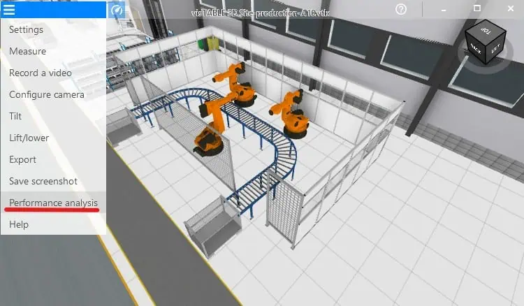 3D client window of the software visTABLE® and  selection of the performance analysis function