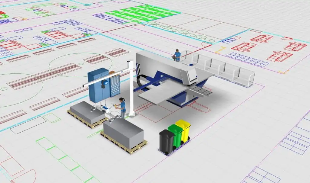 Example of a manufacturing cell comprising 3D elements (simply placed on the CAD floor plan)