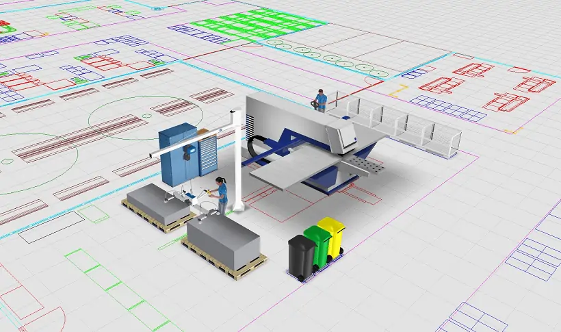 Dreidiemsionale Planungsobjekte können auf ein zweidimensionales Fabriklayout aufgesetzt werden. Zeitgemäße Fabrikplanungssoftware macht das möglich.