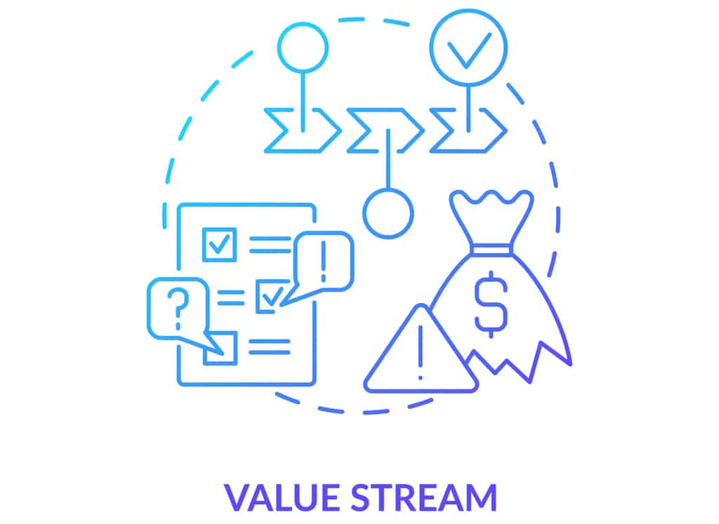 Value stream blue gradient icon. Steps and processes. Machine industry. Lean manufacturing key principle abstract idea thin line illustration. Isolated outline drawing. Myriad Pro-Bold font used