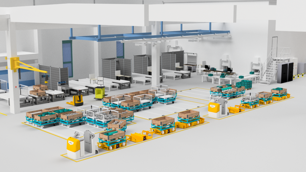 Logistics center with tugger trains in the digital 3D factory model of NETZSCH