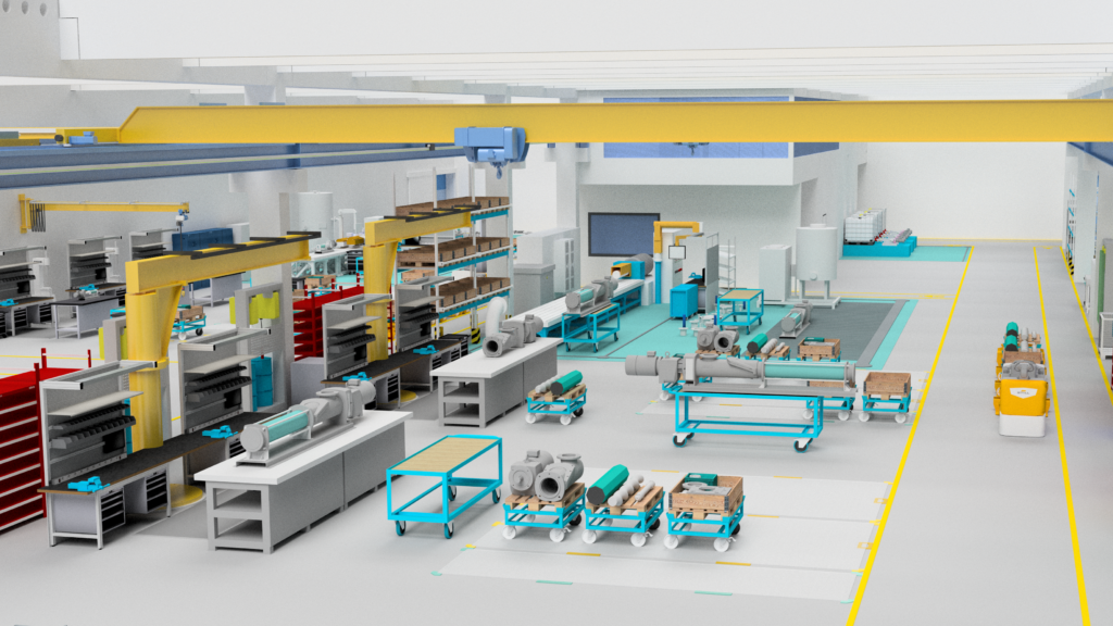 Assembly area in the digital 3D factory model of NETZSCH