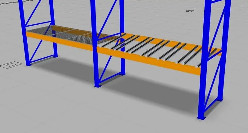 Durch Ergänzung mit Objekten der Modellbibliothek lassen sich die im Baukasten vorhandenen Holme der Palettenregale indivdualisieren.