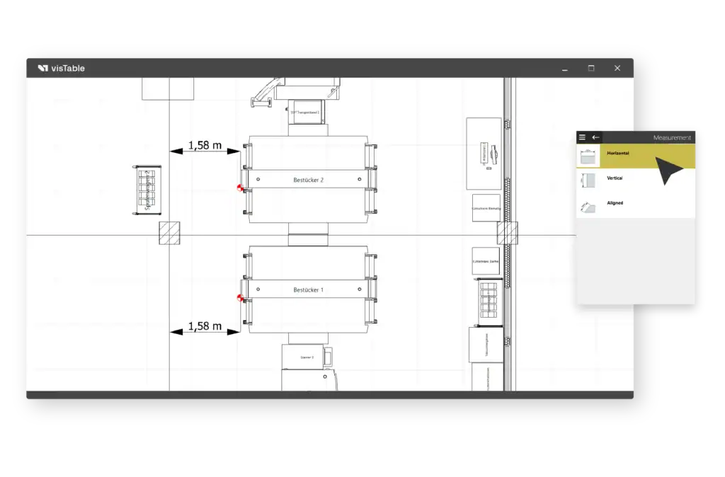 Bemaßungen im Layout mit der Software visTable® ermöglichen eine genaue Planung der Positionen von Maschinen, Anlagen und Ausrüstung.