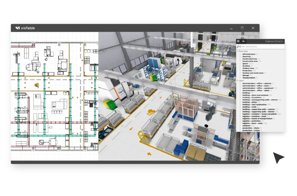 Screenshot Produktionslayout in 2D und 3D