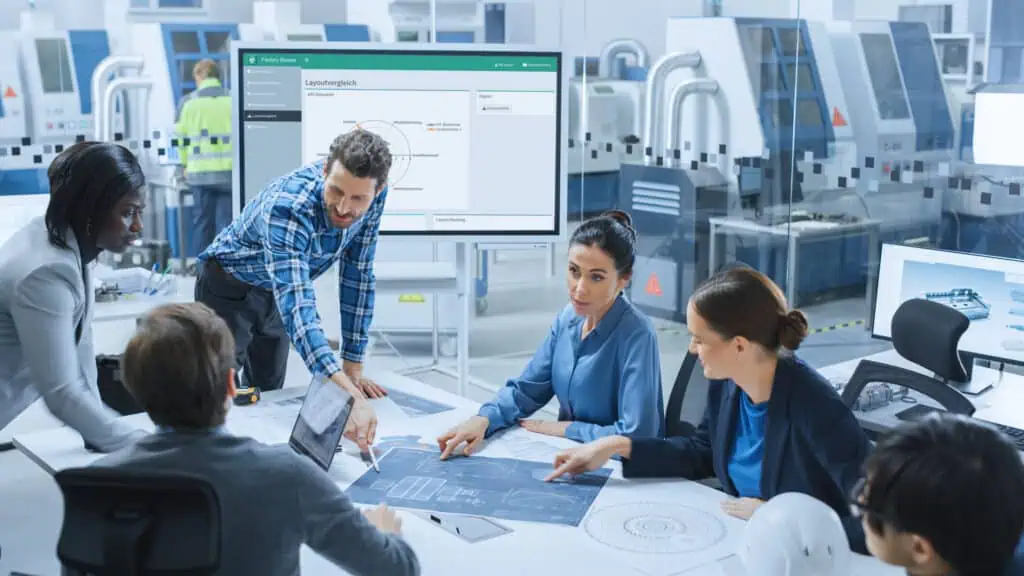 Modern Factory Office Meeting Room: Busy Diverse Team of Engineers, Managers and Investors Talking at Conference Table, Use Interactive TV, Analyze, Find Solutions, Debate and Discuss.