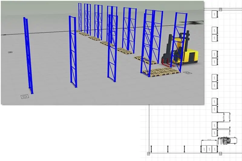 Im ersten Schritt wird der Stützenabstand für das Palettenregal festgelegt. Das kann unter Zuhilfenahme eines 2D-CAD-Grundrisses des geplanten Lagerbereichs geschehen.