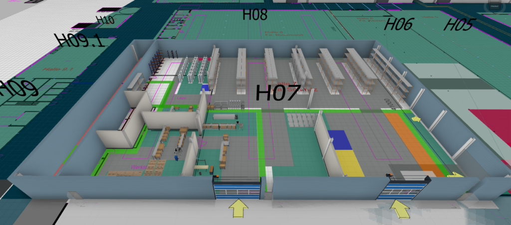 3D view of a production hall in the digital factory model of Schmitz Cargobull
