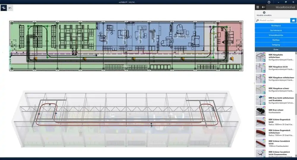 Beispiellayout 3D-Visualisierung Hängebahn-System mit Transport auf Bereichsebene