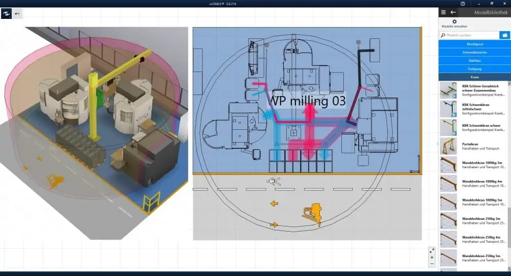 Beispiellayout 3D-Aufstellung Säulenschwenkkran mit Transport auf Arbeitsplatzebene