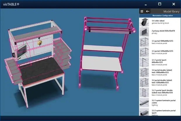 Assembly stations from visTABLE® catalogs for workstation configuration.