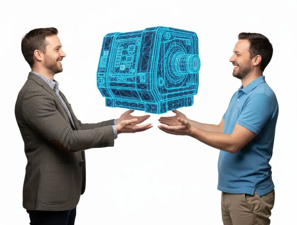 Illustrationen des 3D-CAD-Datenaustauschs von Produktdaten zwischen Maschinenhersteller und Fabrikbetreiber in der Fabrikplanung