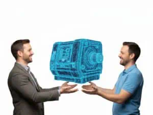 Illustrationen des 3D-CAD-Datenaustauschs von Produktdaten zwischen Maschinenhersteller und Fabrikbetreiber in der Fabrikplanung