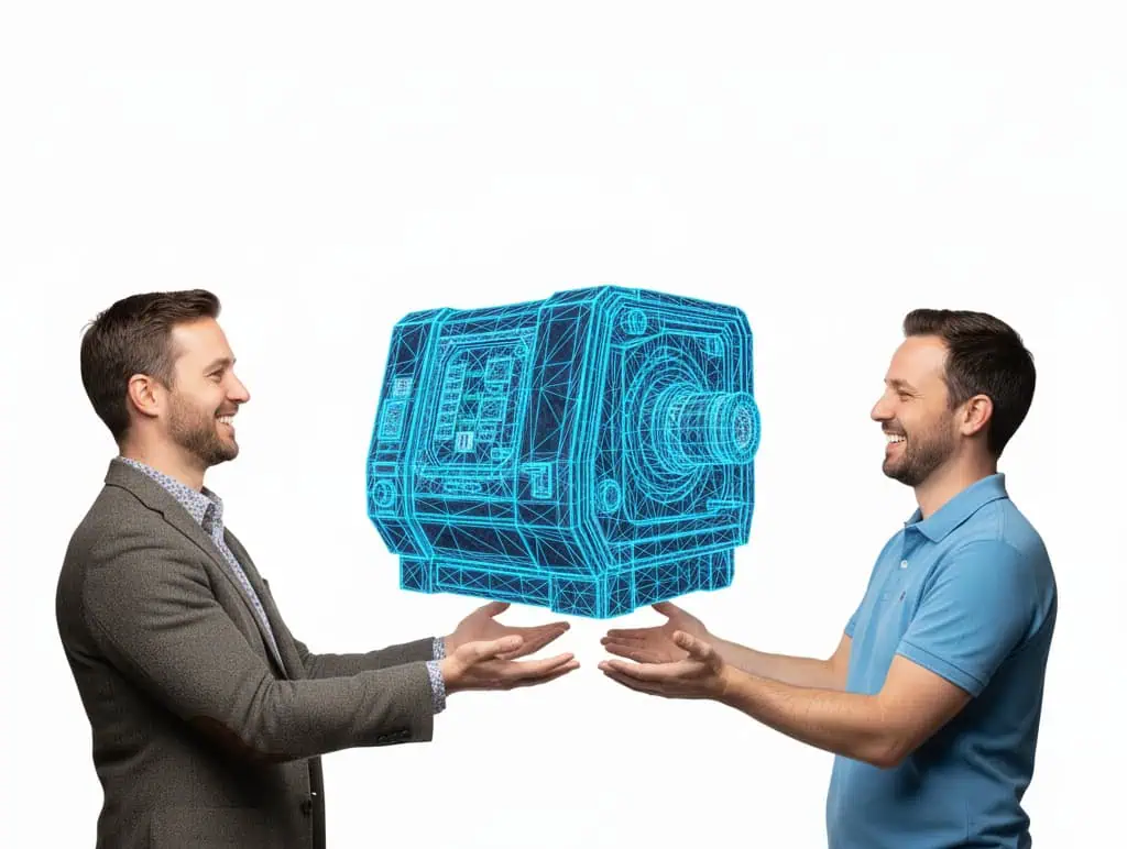 Illustrationen des 3D-CAD-Datenaustauschs von Produktdaten zwischen Maschinenhersteller und Fabrikbetreiber in der Fabrikplanung
