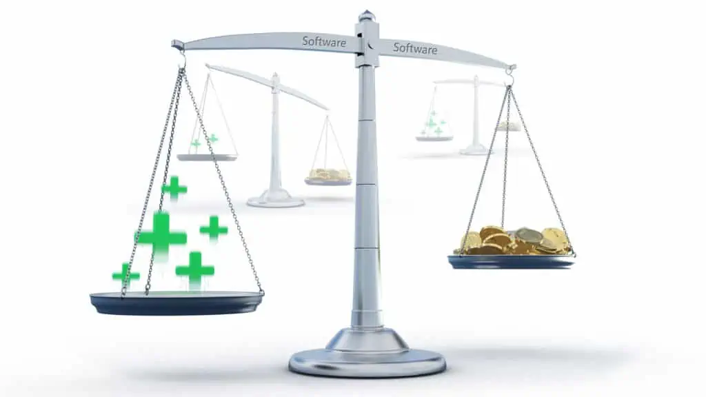 Weighing the costs and benefits of planning software in a manufacturing company illustrated on a scale