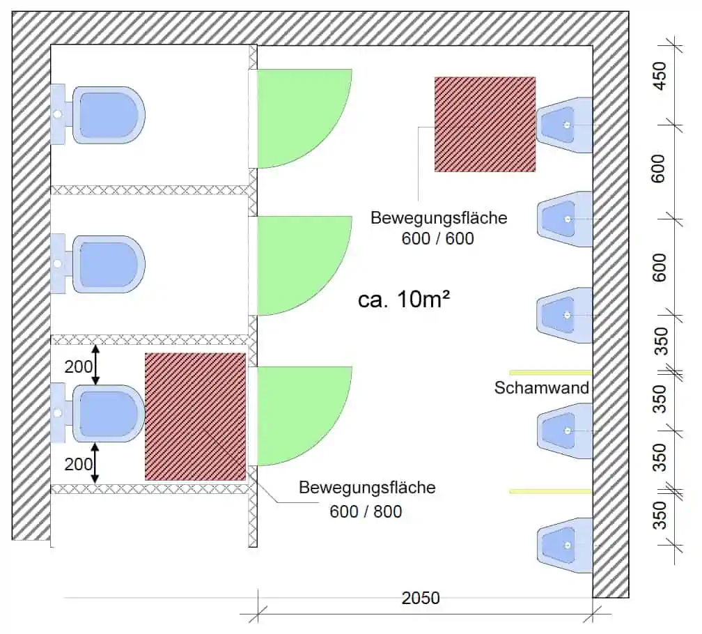 Beispiellayout zur Planung von Sozialräumen für Toiletten laut ASR