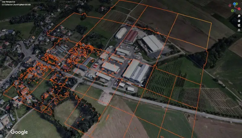 ausgewählte texturierte 3D Kacheln eines Google Maps 3D Referenzbeispiels in Blender