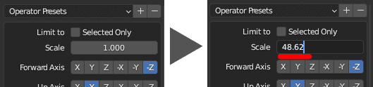 Einstellung des berechneten Skalierungsfaktors im OBJ-Exportdialog für das Google Maps 3D Referenzbeispiel in Blender