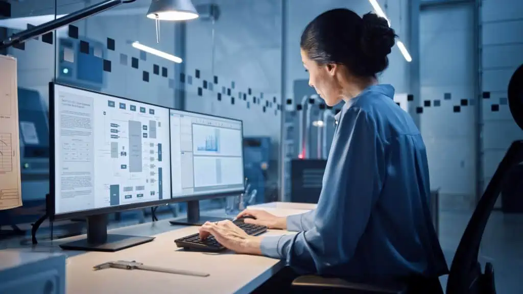 production line software - a female industrial engineer during a simulation study