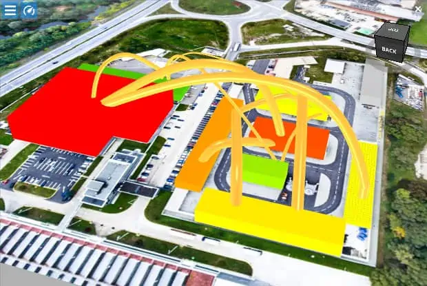 Visualization and evaluation of a digital factory model combining layout and process information.