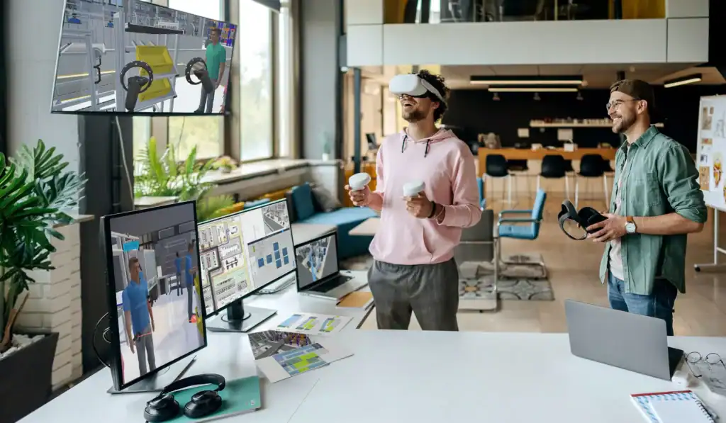 2 men are testing the vr function in visTable