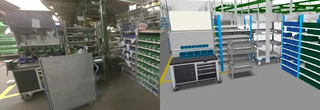 Comparison between the real production environment and the digital 3D model in planning with the visTABLE® software