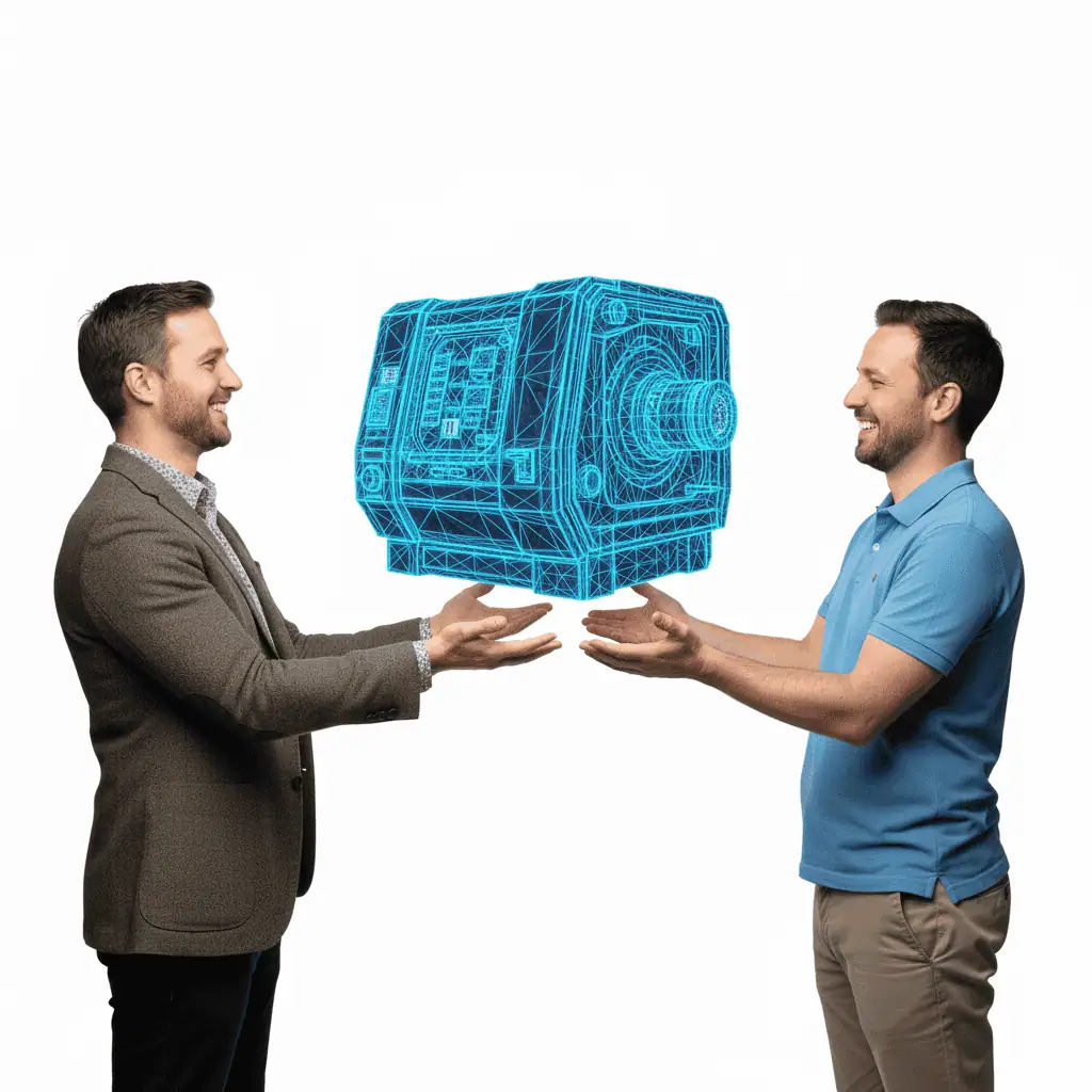 Illustrations of 3D CAD data exchange of product data between machine manufacturer and factory operator in factory planning.