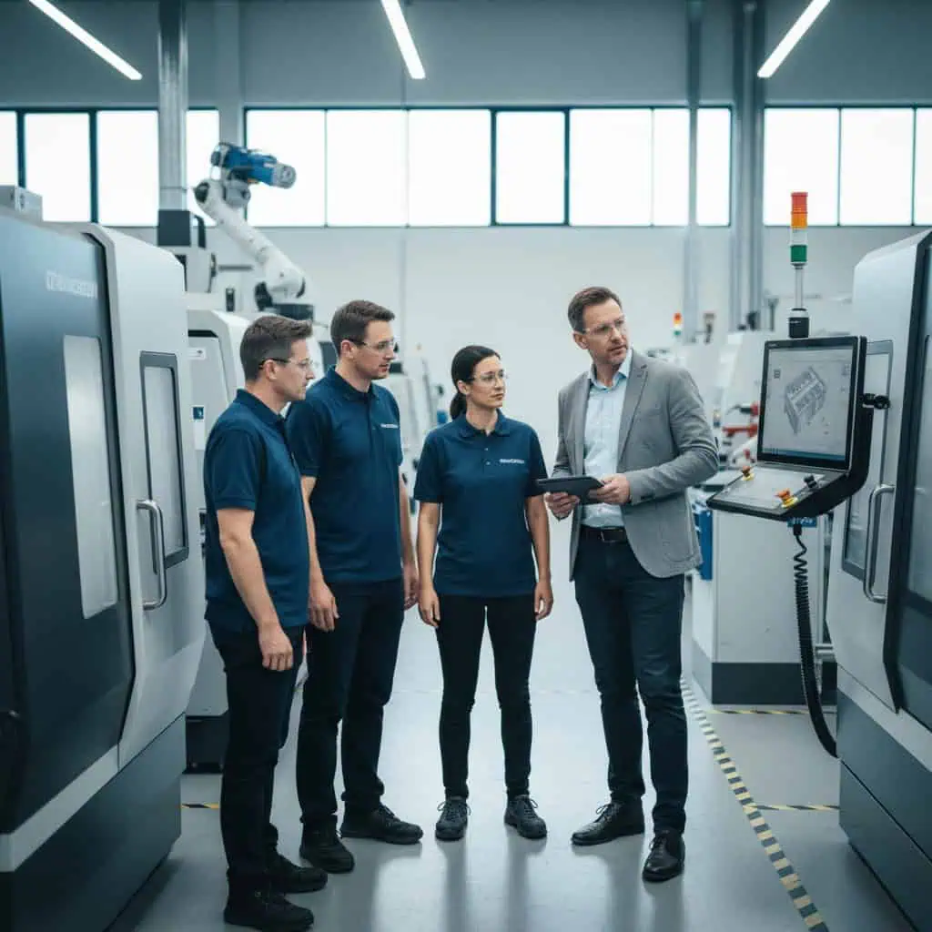 Illustration eines Fabrikbetreibers der in seiner Fertigung steht um die Produktion zu planen