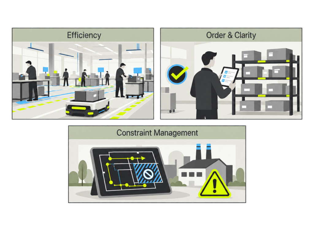 Illustration of the areas of efficiency, organization and clarity, and planning constraint management. Shown are an automated guided vehicle, a person standing in front of a storage rack, and a layout with marked escape routes.
