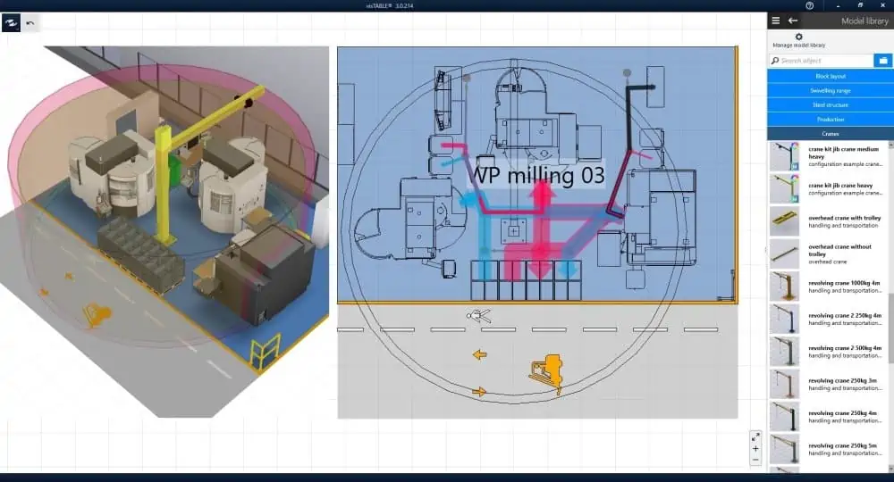 example 3D layout of slewing or jib crane integration in a factory