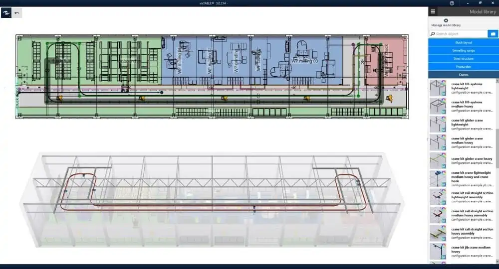 example 3D layout of an overhead conveyor system, area level