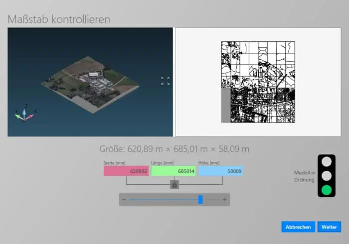Dialog zur Skalierung der Google Maps 3D Referenz beim Import im visTABLE® ObjektManager