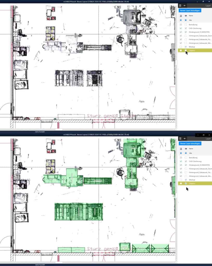 Sectional view of a point cloud as a basis for planning the installation of equipment