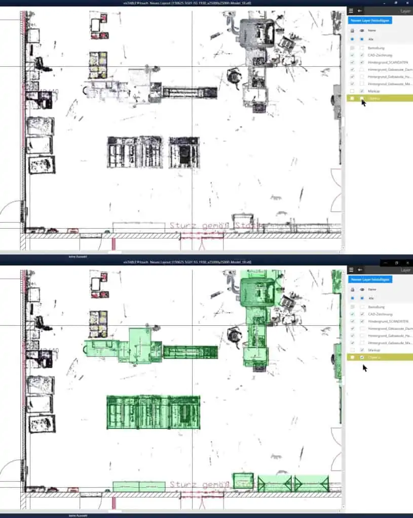 Sectional view of a point cloud as a basis for planning the installation of equipment