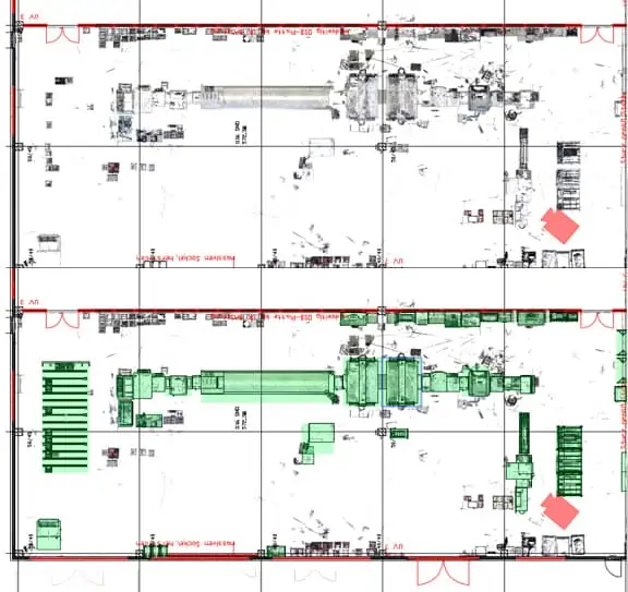 block layout of set-up areas or floor plans of equipment in 2D