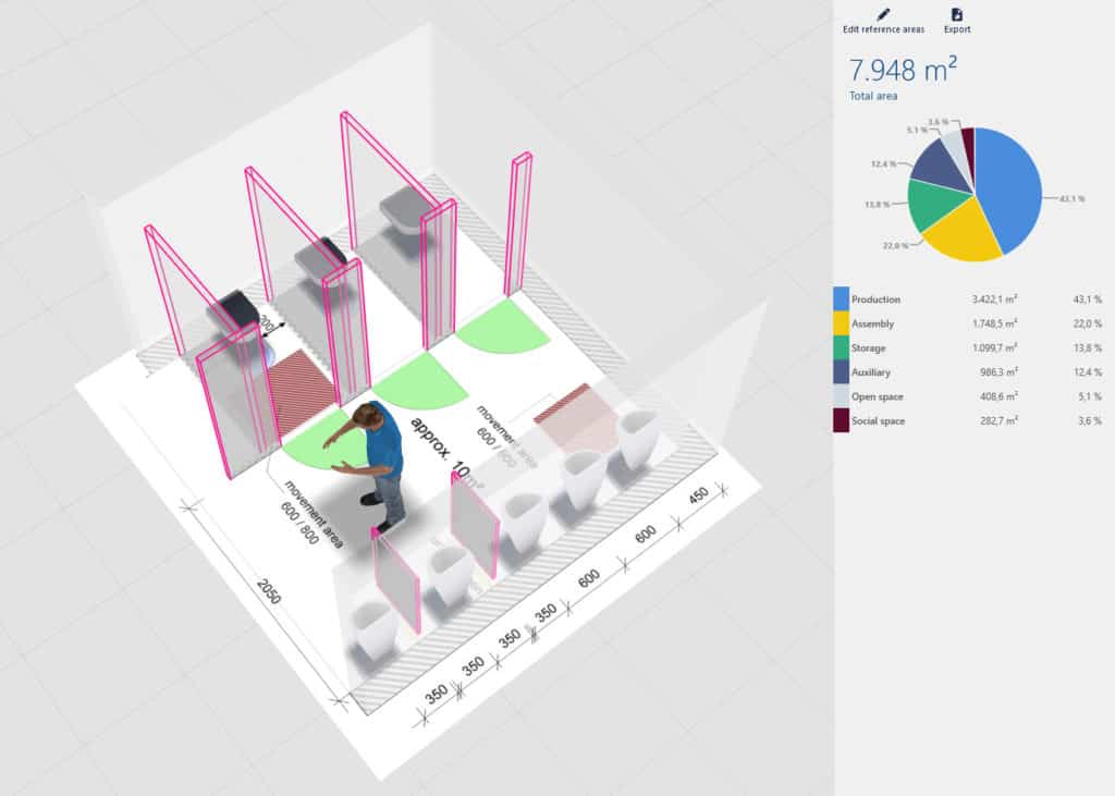 3D visualization and area balancing Sanitary rooms Social rooms according to ASR in visTABLE