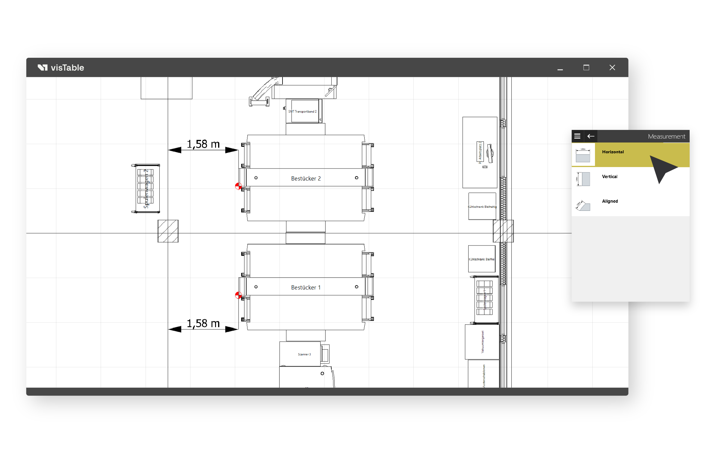 Dimensioning in the layout with the visTable® software enables precise positioning of machines, systems, and equipment.