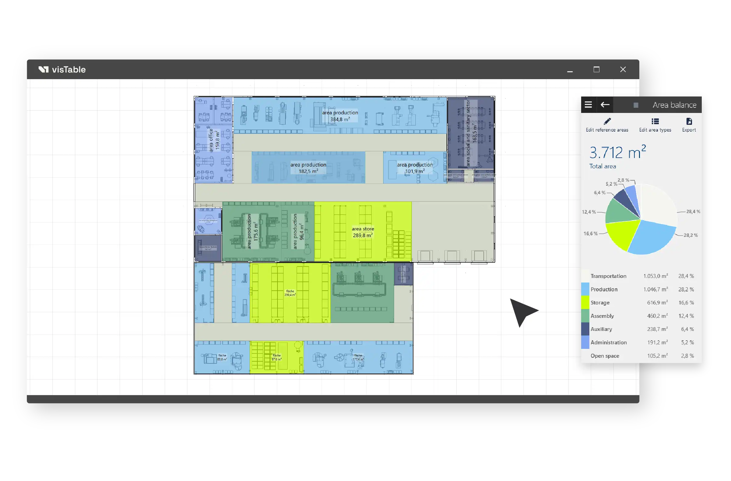 Optimization of a factory layout according to space usage in the visTable® software