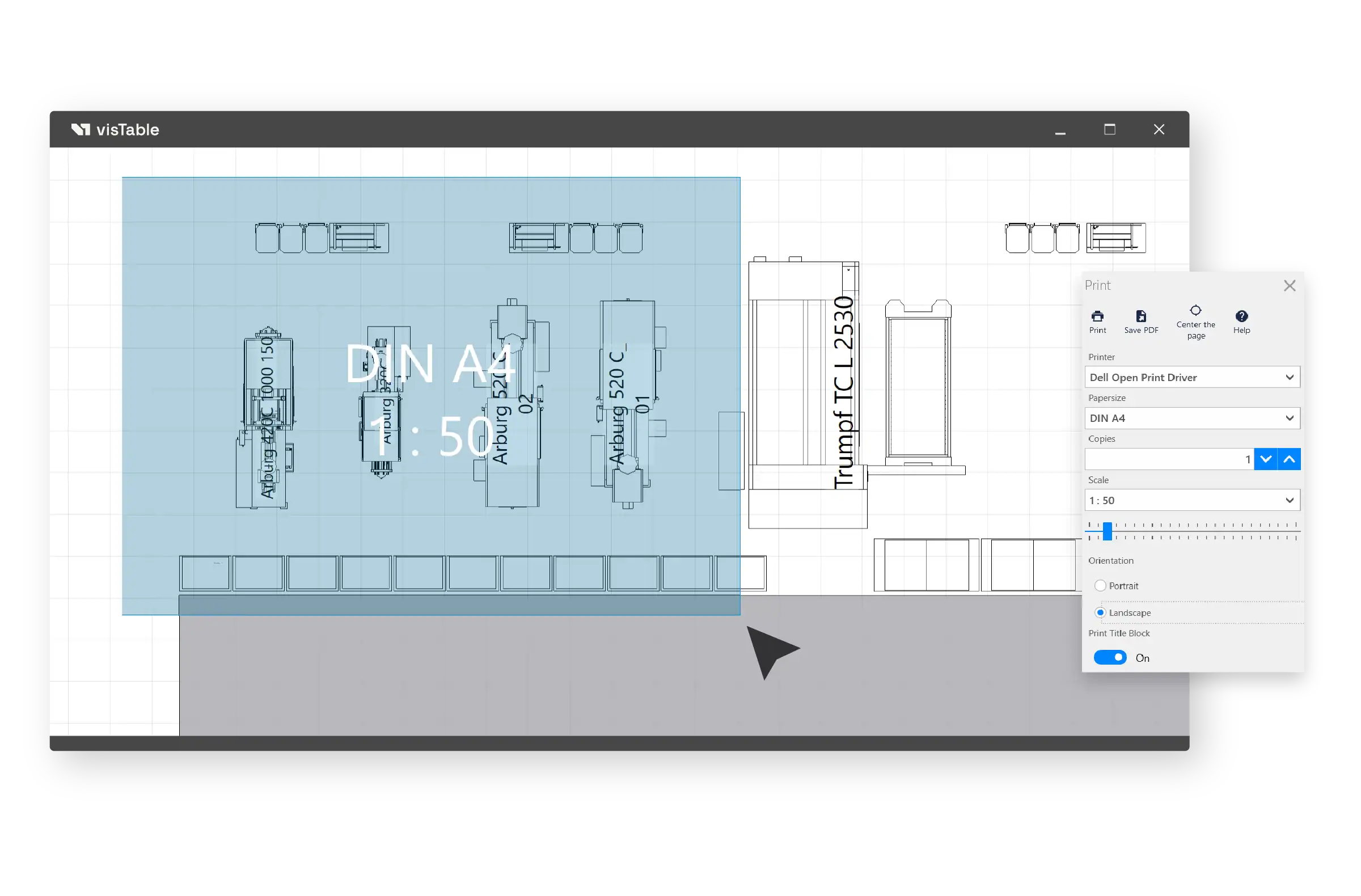 True-to-scale printing with a preview on the selected paper format.