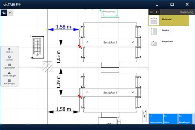 Bemaßungen im Layout mit der Software visTABLE® ermöglichen eine genaue Planung der Positionen von Maschinen, Anlagen und Ausrüstung.