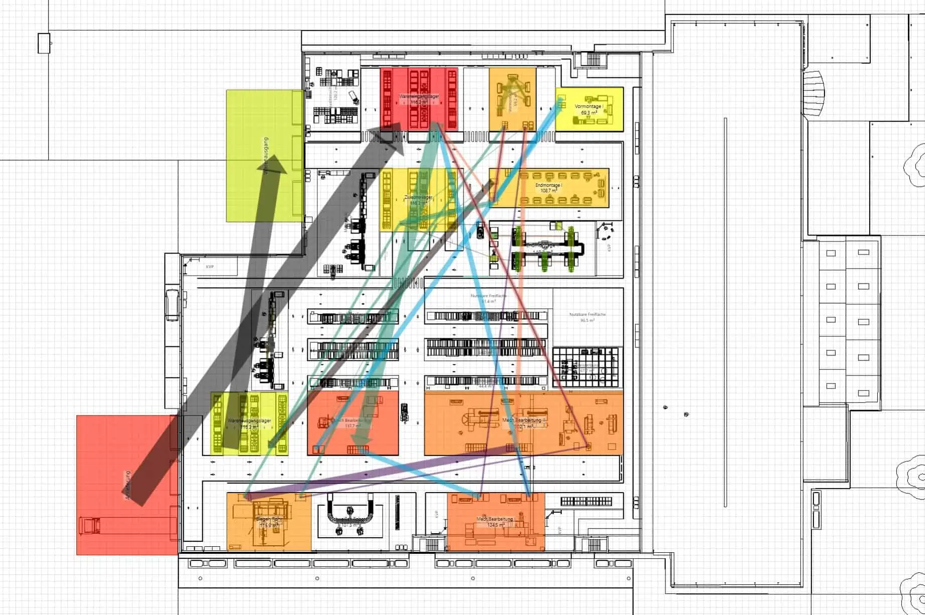 Die Darstellung zeigt die Verknüpfung von CAD-Grundriss und Werströmen (Materialflüssen)