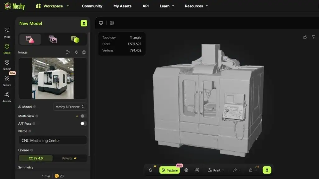 Meshy UI with image-to-3D raw model