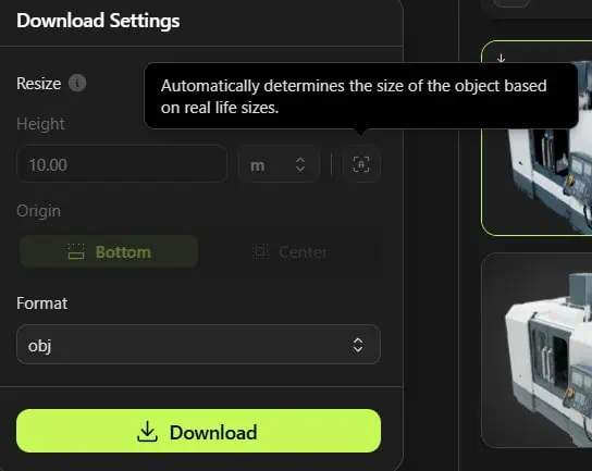 Export dialog with height specification and estimation in Meshy