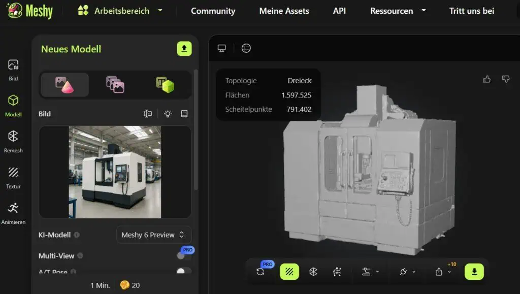 Screenshot: Meshy-Oberfläche mit Bild-zu-3D Rohmodell