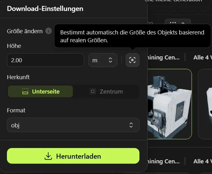 Screenshot: Exportdialog mit Höhenangabe in Meshy