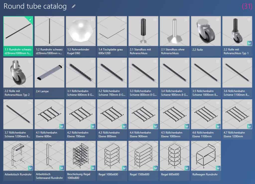 modular round tube catalog in the ObjectManager of the software visTABLE®touch