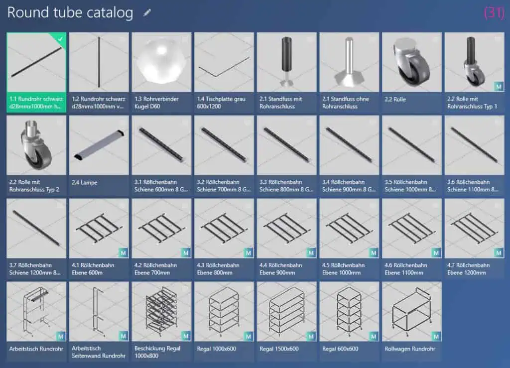 modular round tube catalog in the ObjectManager of the software visTABLE®touch