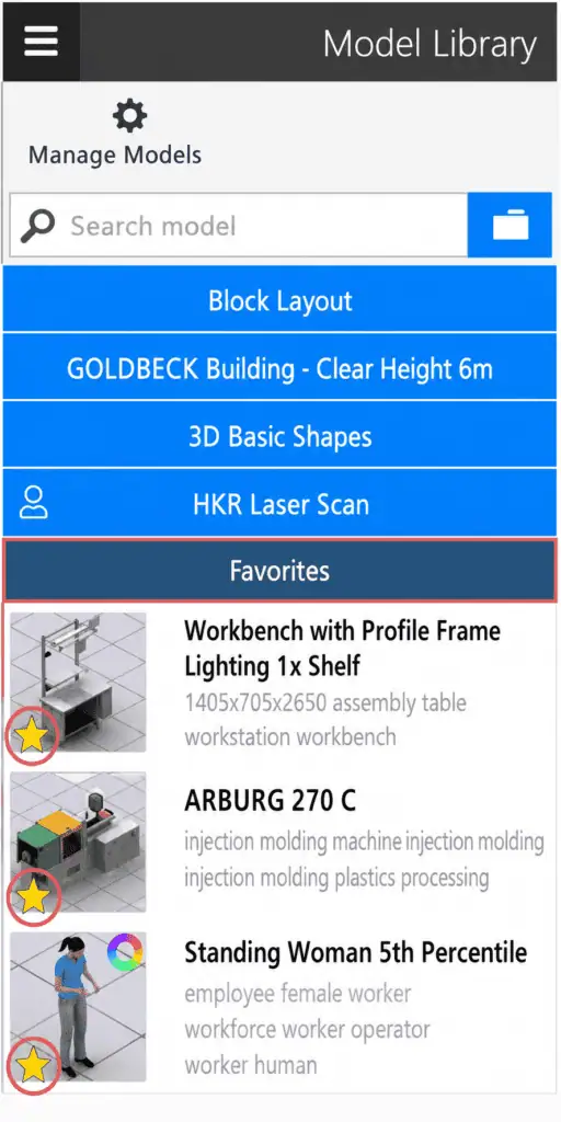 Screenshot Model Library: Favorites