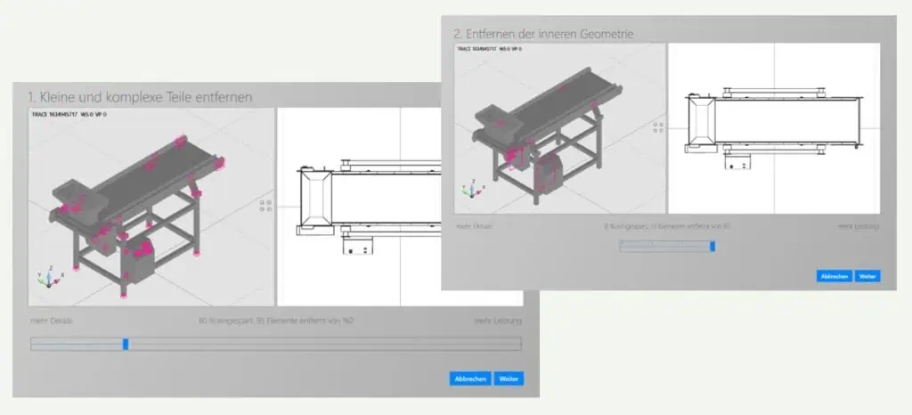 Screenshot mMdellvereinfachung in visTable. 1. Kleine und komplexe Teile entfernen. 2. Entfernen der inneren Geometrie